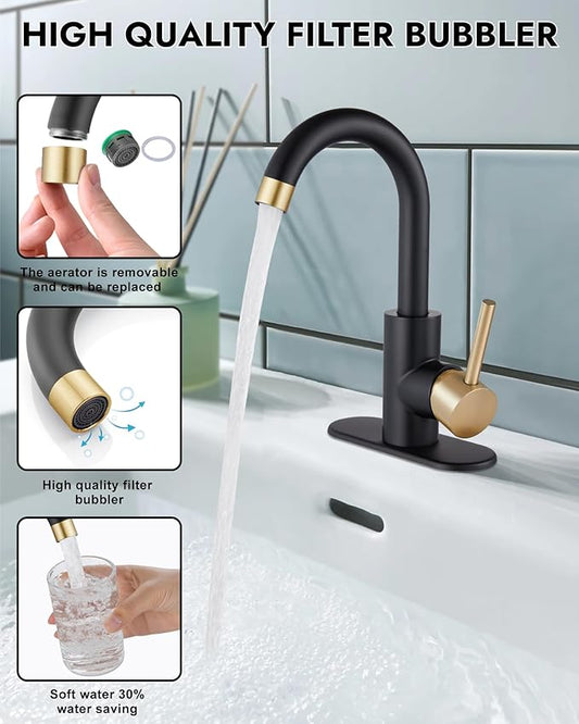 Midanya Single Hole Bathroom Faucet 1 Hole Bar Sink Faucet Suitable for Kitchen RV Vanity,304 Stainless Steel 360° Swivel Spout with Deck Plate and Pop-up Drain,Brushed Gold and Matte Black