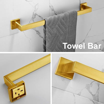 5-Piece Brushed Gold Bathroom Hardware Accessory Set Including 24inch Towel Bar Toilet Paper Holder Towel Holder Robe Hook Premium SUS 304 Stainless Steel Wall Mounted Square Style,Rustproof