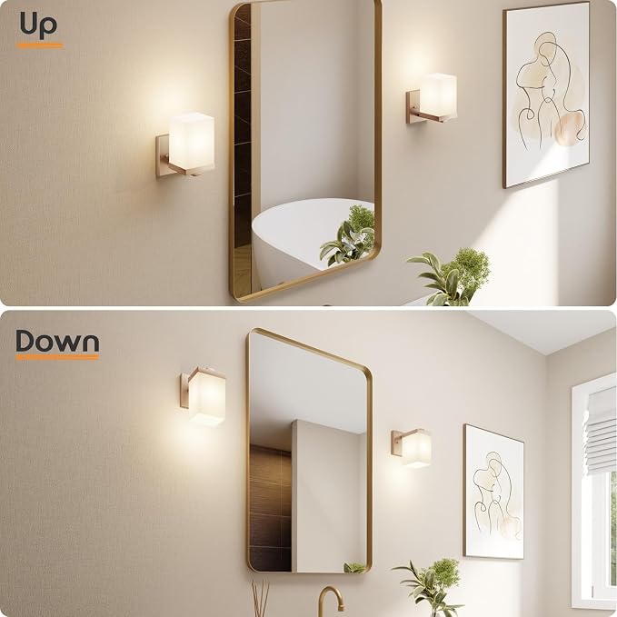 Wall Sconce Over Mirror Champagne Bronze Bathroom Vanity Lighting Fixtures with White Frosted Glass, Wall Lamp for Powder Room Entrance, T003CPG-L1