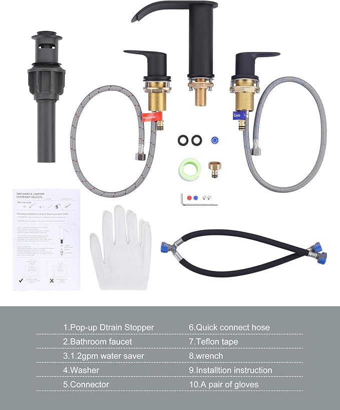 WOWOW Waterfall Bathroom Faucet 3 Hole: 8 Inch Widespread Bathroom Sink Faucet, Matte Black Bathroom Faucet Two Handles Lavatory Vanity Sink Faucets with Pop-up Drain & Supply Hoses