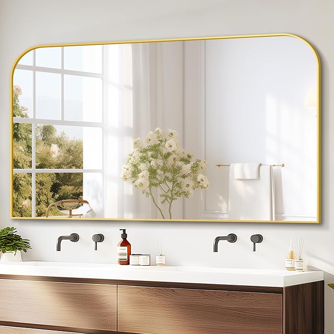 30"x50" Gold Metal Framed Bathroom Mirror for Over Sink | Rounded rectangle shape. Shatterproof HD glass, all mounting hardware for bathroom, bedroom, entryway.
