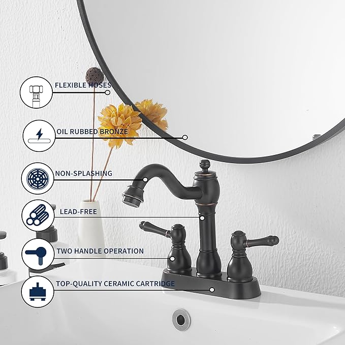 GGStudy Oil Rubbed Bronze Bathroom Faucet 2 Handles 4 Inches Centerset RV Bathroom Vanity Faucet with Drain Assembly and Supply Hose Lavatory Faucet