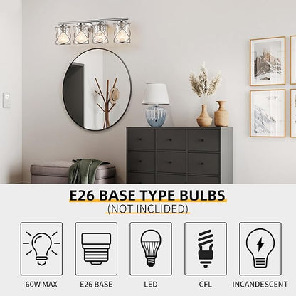 Bathroom Vanity Light Fixtures Over Mirror, 4 Lights Bathroom Vanity Lights, Brushed Nickel Vanity Light, Modern Bathroom Lights with Cage Shade, Bathroom Wall Lamp for Mirror Bedroom