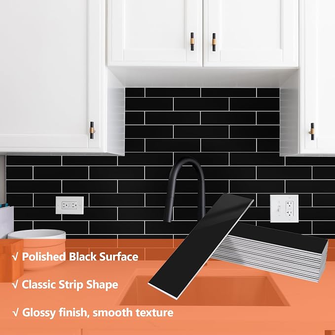80-Piece Polished Black Thick PVC Peel and Stick Backsplash, 2" x 8" Waterproof Subway Tile Peel and Stick Wall Tiles for Kitchen and Bathroom