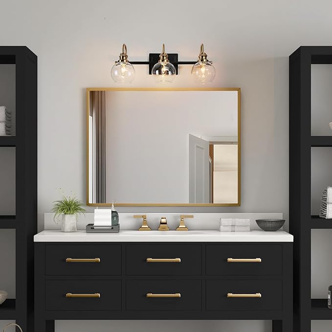 KSANA Black Gold Vanity Light, Modern 3-Light Bathroom Light Fixture with Clear Glass Globes, Electroplating Brass 22”L Vanity Lighting Over Mirror