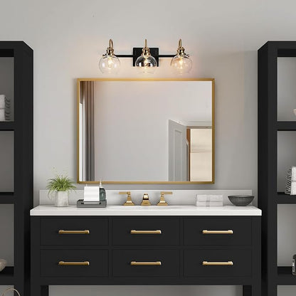 KSANA Black Gold Vanity Light, Modern 3-Light Bathroom Light Fixture with Clear Glass Globes, Electroplating Brass 22”L Vanity Lighting Over Mirror
