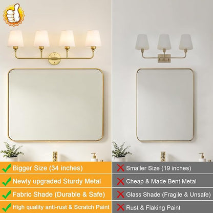 Bathroom Light Fixtures, 4-Light Brushed Gold Vanity Lights, 34" Bathroom Lighting Fixtures Over Mirror with White Flared Fabric Shade, Modern Wall Sconces for Bathroom Bedroom Living Room Hallway