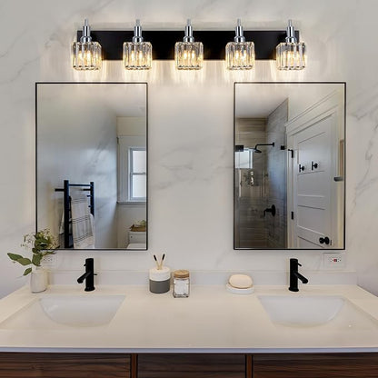Black Chrome Bathroom Vanity Lights, 5 Lights Modern Crystal Bathroom Lighting Fixtures Over Mirror Crystal Wall Light with Square Shade