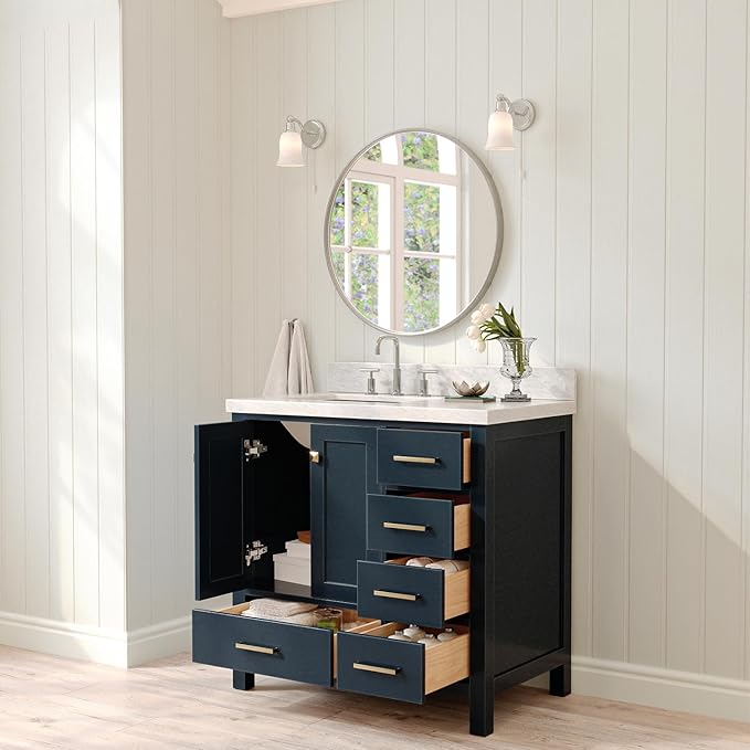 ARIEL Cambridge 36-inch Bathroom Vanity with Sink,Solid Wood, 1.5-inch Italian Carrara Marble Countertop, Single Rectangular Porcelain Sink, 2 Soft Closing Doors, 5 Dovetail Drawers, Midnight Blue