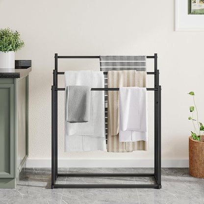 Honiter Towel Racks for Bathroom, 3 Tier Wide Towel Drying Rack Outdoor, Free Standing Towel Rack, Pool Towel Blanket Stand and Display Rack for Oversized Bath Towels, Black