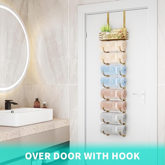 HapiRm Towel Racks for Bathroom Storage - 9 Tier Over The Door & Wall Mount Rolled Towel Storage Organizer Holder with Metal Shelf Basket for Small Bathroom, Camper, Rv - Gold, Patented