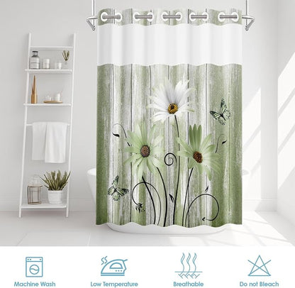 No Hook Shower Curtain with Snap in Liner 71x74 Inch Green Daisy | Farmhouse Rustic Butterfly Modern Double Layers Waterproof Fabric with See Through Top Window Open Grommet Bath Curtain