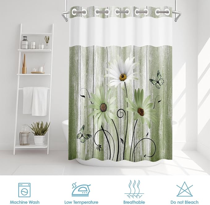 No Hook Shower Curtain with Snap in Liner 71x86 Inch Green Daisy | Farmhouse Rustic Butterfly Modern Double Layers Waterproof Fabric with See Through Top Window Open Grommet Bath Curtain