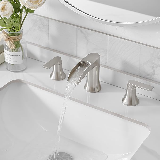 Brushed Nickel Waterfall Bathroom Faucet 3 Hole, 8-16 Inch Widespread 2 Handle Faucets for Bathroom Sinks Vanity Lavatory Sanitary Modern Restroom, Brass Material, NO Pop-up Drain