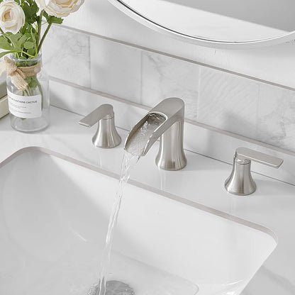 Brushed Nickel Waterfall Bathroom Faucet 3 Hole, 8-16 Inch Widespread 2 Handle Faucets for Bathroom Sinks Vanity Lavatory Sanitary Modern Restroom, Brass Material, NO Pop-up Drain