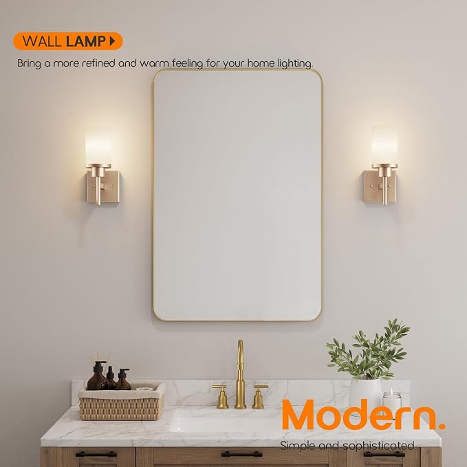 Vanity Lighting Fixtures with White Frosted Glass Shade, Champagne Bronze Wall Lamps for Bathroom Mirror Bedroom Living Room Porch, 2 Pack T001CPG-L1-P2