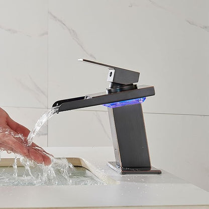 LED Bathroom Sink Faucet, Oil Rubbed Bronze Waterfall Single Hole Handle Vanity Faucets for Sinks 1 Hole with Metal Pop Up Drain and 2 Water Supply Lines, Stainless Steel Spout
