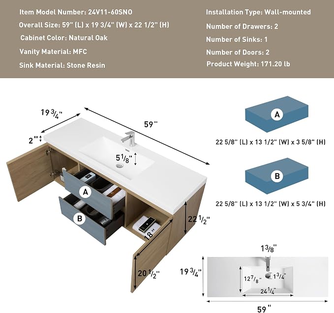 60 Inch Floating Bathroom Vanity with Sink, Large Storage Wall Mounted Floating Vanity with Soft Close Drawers, One-Piece Basin Bathroom Sink Cabinet (Natural Oak, 60")