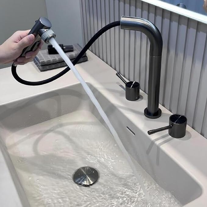 3 Hole Basin Faucets Pull Out Basin Mixer Faucet Brass-Grey
