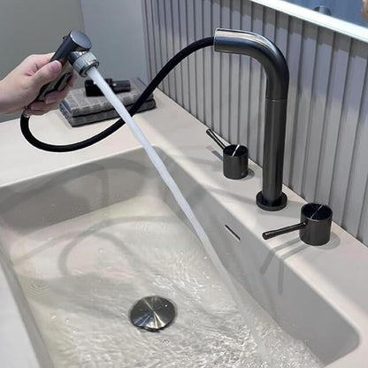3 Hole Basin Faucets Pull Out Basin Mixer Faucet Brass-Grey
