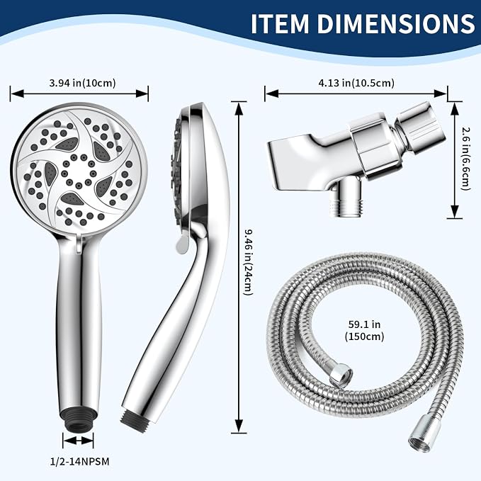 6-Mode Shower Head with Handheld, High Pressure Hand held Shower Head | 3.94 Inch Chrome Handheld Spray with 59 Inch Stainless Steel Hose and Adjustable Showerhead Holder, Tool-free Installation