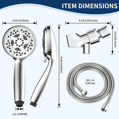 6-Mode Shower Head with Handheld, High Pressure Hand held Shower Head | 3.94 Inch Chrome Handheld Spray with 59 Inch Stainless Steel Hose and Adjustable Showerhead Holder, Tool-free Installation