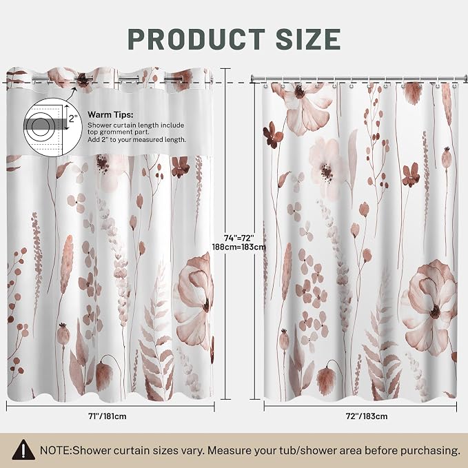No Hook Floral Shower Curtain with Liner, Blush, 71x74 | Snap in Liner, 3 in 1, Water Repellent, Easy Install, Machine Washable, Hotel Style for Bathroom, Watercolor Pattern