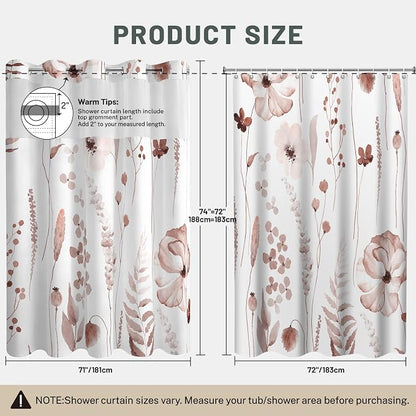 No Hook Floral Shower Curtain with Liner, Blush, 71x74 | Snap in Liner, 3 in 1, Water Repellent, Easy Install, Machine Washable, Hotel Style for Bathroom, Watercolor Pattern