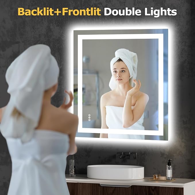 Hivone 32"X36" LED Bathroom Mirror with Lights, Anti-Fog, Dimmable, Backlit + Front Lit, Smart Bathroom Vanity Mirror, Memory Function, Shatterproof, Tempered Glass (Horizontal/Vertical)