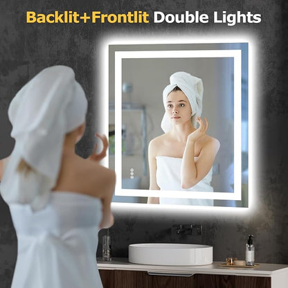 Hivone 32"X36" LED Bathroom Mirror with Lights, Anti-Fog, Dimmable, Backlit + Front Lit, Smart Bathroom Vanity Mirror, Memory Function, Shatterproof, Tempered Glass (Horizontal/Vertical)