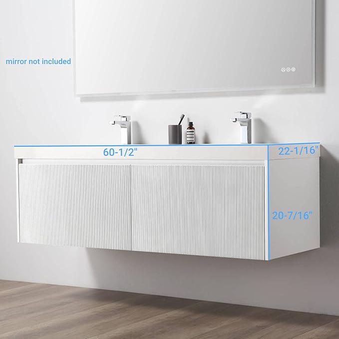 Blossom 60 Inch Double Sink Bathroom Vanity, All Wood Wall Mounted Floating Bathroom Vanity Cabinet with Acrylic Sink, Bathroom Sink Cabinet with Soft-Close Drawers, Modern Vanities, Matte White