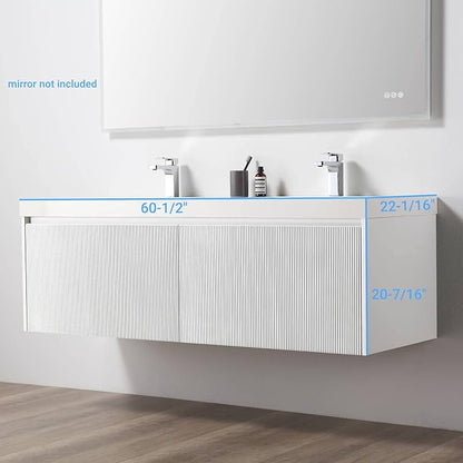 Blossom 60 Inch Double Sink Bathroom Vanity, All Wood Wall Mounted Floating Bathroom Vanity Cabinet with Acrylic Sink, Bathroom Sink Cabinet with Soft-Close Drawers, Modern Vanities, Matte White