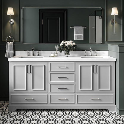 Langford 72-inch Grey Bathroom Vanity with Left & Right Rectangle Double Sinks, Pure White Quartz Countertop & Backsplash, Solid Wood Frame, Soft-Closing & Dovetail Drawers