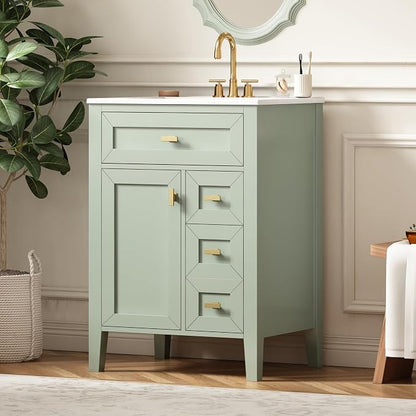 Merax 24 Inch Bathroom Vanities with Undermount Ceramic Sink, Tip-Over Drawer and Side Drawers, Soft Closing Door with Shelf, Solid Wood Frame, Light Green