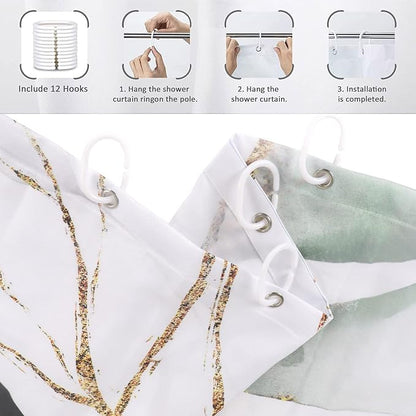 Green and Gold Leaf Shower Curtain, Sage Eucalyptus Leaves with Gold Branches Botanical Plants Fabric Bathroom Curtain Home Decor Waterproof Washable 12 Hooks, 84'' Lx72 W (GCI-10152)
