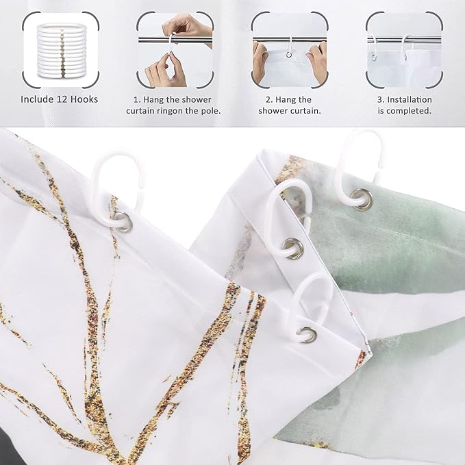 Green and Gold Leaf Shower Curtain, Sage Eucalyptus Leaves with Gold Branches Botanical Plants Fabric Bathroom Curtain Home Decor Waterproof Washable 12 Hooks, 72" Lx72 W