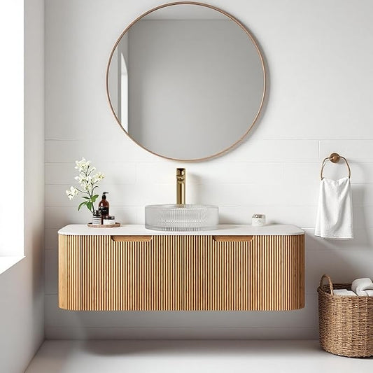 48" Floating Bathroom Vanity with Sink, Plywood Storage Cabinet with Round Crystal Glass Basin and Ultra-Thin Marble Top, 2 Large Soft-Closing Storage Drawers, Pre-Assembled, Nature Wood