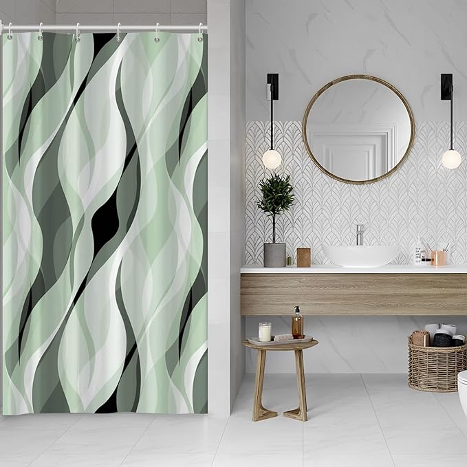 Green Shower Curtain, Modern Abstract Ombre Green Striped Shower Curtain Set for Bathroom Waterproof Polyester Shower Curtain with Hooks, 48x72 Inch