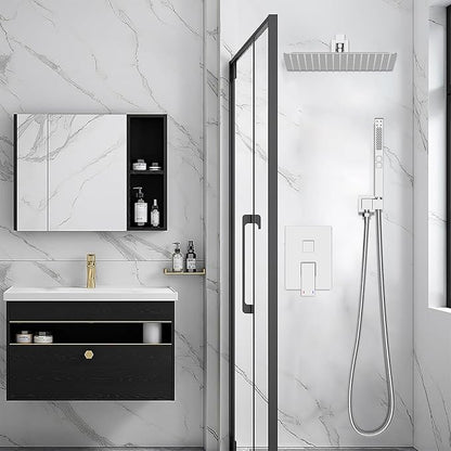 RUMOSE Polished Chrome Rainfall Shower System 12 Inch High Pressure Square Head with 2 in 1 Handheld Spray Wall Mount Brass Bathroom Shower Faucet Set with cUPC Certified Rough-in Valve