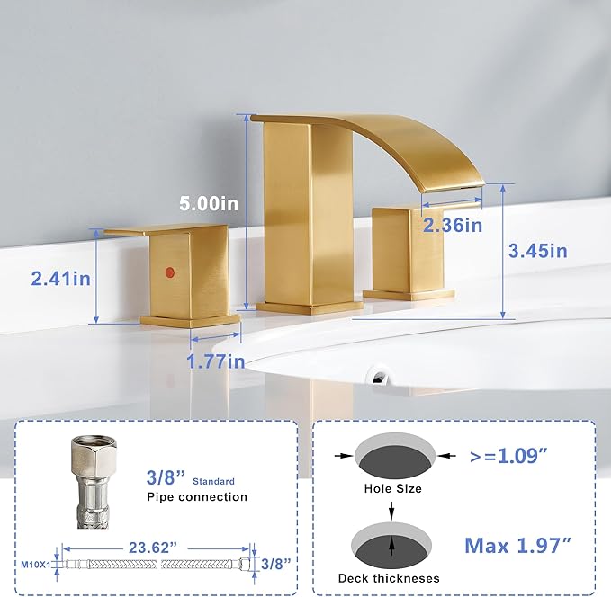 Gold Waterfall Bathroom Faucet 3 Holes - 8Inch Widespread Bathroom Sink Faucet | Two Handles Lavatory Vanity Sink Faucets with Pop-up Drain Assembly & Supply Lines Brushed Gold