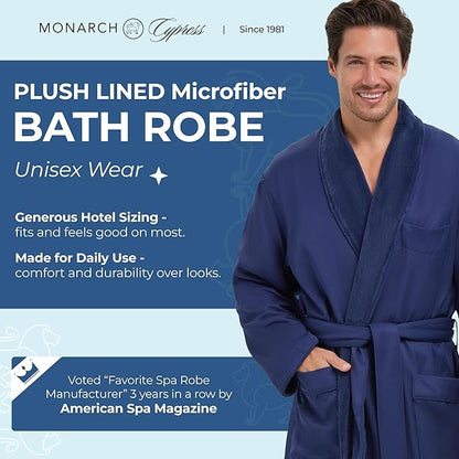 MONARCH Unisex Plush Lined Microfiber Bath Robe - Soft Shell with Polyester Lining, Resort-Grade Hotel & Spa Robe with Pocket