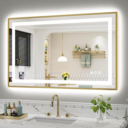 48x30 Inch LED Bathroom Mirror with Gold Frame, Backlit & Front Lit, Anti-Fog Lighted Bathroom Vanity Mirror for Wall, Memory Function, Dimmable, HD Tempered Glass, Shatter-Proof