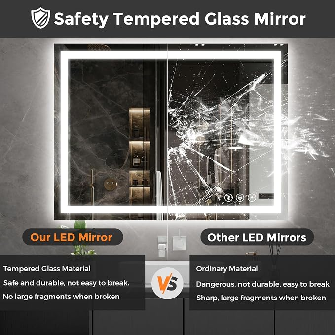 Koonmi 48x36 LED Bathroom Mirror with Light, Anti-Fog, 3 Colors | Backlit + Front Lit, Dimmable Brightness, Shatterproof HD Distortion-Free Tempered Glass, Hardware Included