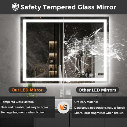 Koonmi 48x36 LED Bathroom Mirror with Light, Anti-Fog, 3 Colors | Backlit + Front Lit, Dimmable Brightness, Shatterproof HD Distortion-Free Tempered Glass, Hardware Included