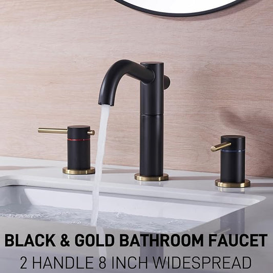 Black and Gold Bathroom Faucet 8 Inch Widespread with Strong-Core Swivel Spout 3 Hole 2-Handle Brass Lavatory Vanity Sink Faucet with Metal Overflow Drain, Matte Black and Brushed Gold