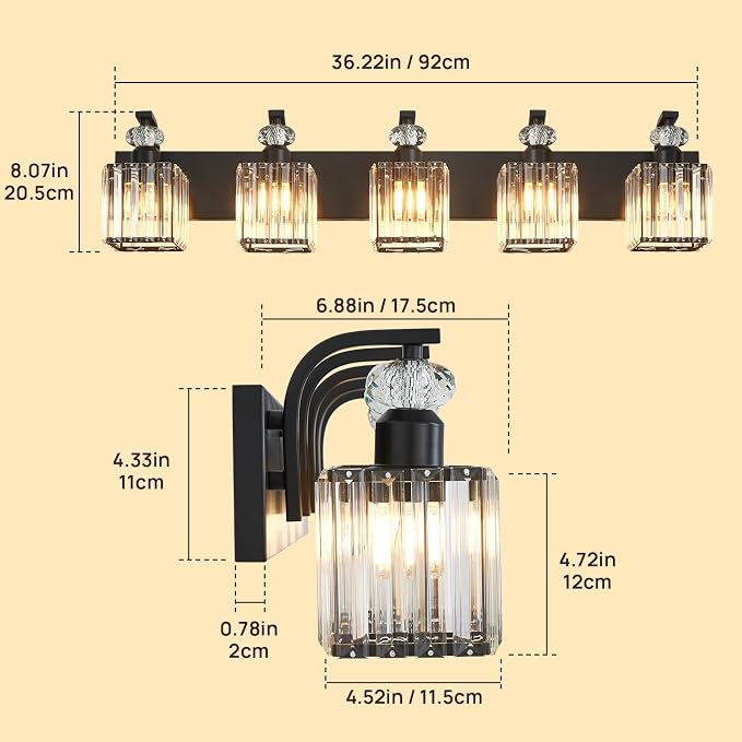 Modern Bathroom Vanity Light, 5-Light Black Bathroom Lighting Fixtures Over Mirror, 36.3" Crystal Wall Light Sconce for Bathroom/Bedroom/Vanity, Includes LED Bulbs, Easy Installation
