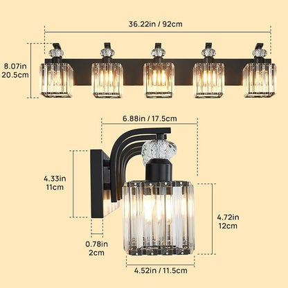 Modern Bathroom Vanity Light, 5-Light Black Bathroom Lighting Fixtures Over Mirror, 36.3" Crystal Wall Light Sconce for Bathroom/Bedroom/Vanity, Includes LED Bulbs, Easy Installation
