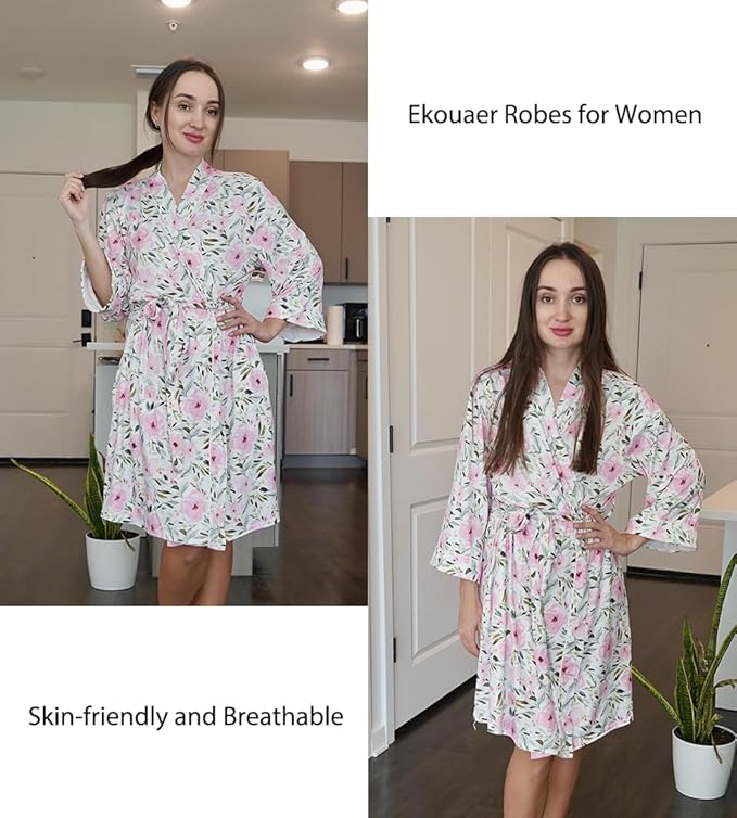 Ekouaer Women Kimono Robes Knee Length Knit Bathrobe Lightweight Soft Sleepwear V-neck Casual Ladies Loungewear