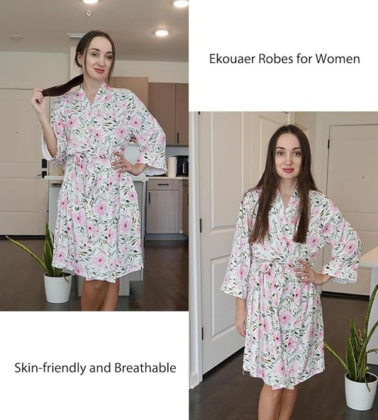 Ekouaer Women Kimono Robes Knee Length Knit Bathrobe Lightweight Soft Sleepwear V-neck Casual Ladies Loungewear