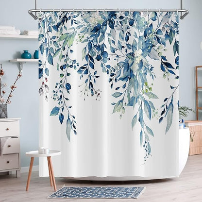 Eucalyptus Shower Curtain, Watercolor Blue Leaves on The Top Plant with Floral Bathroom Curtain Bathtub Home Decor Waterproof Fabric Machine Washable 12 Hooks Blue Eucalyptus Leaf 78''Lx72''W